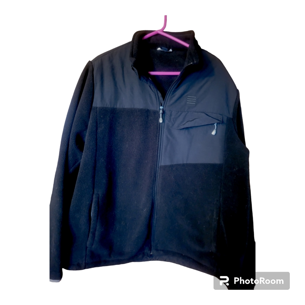 Lands End Mens XL/T Black Full Zip Nylon Fleece Jacket Outdoor‎ Hiking Black